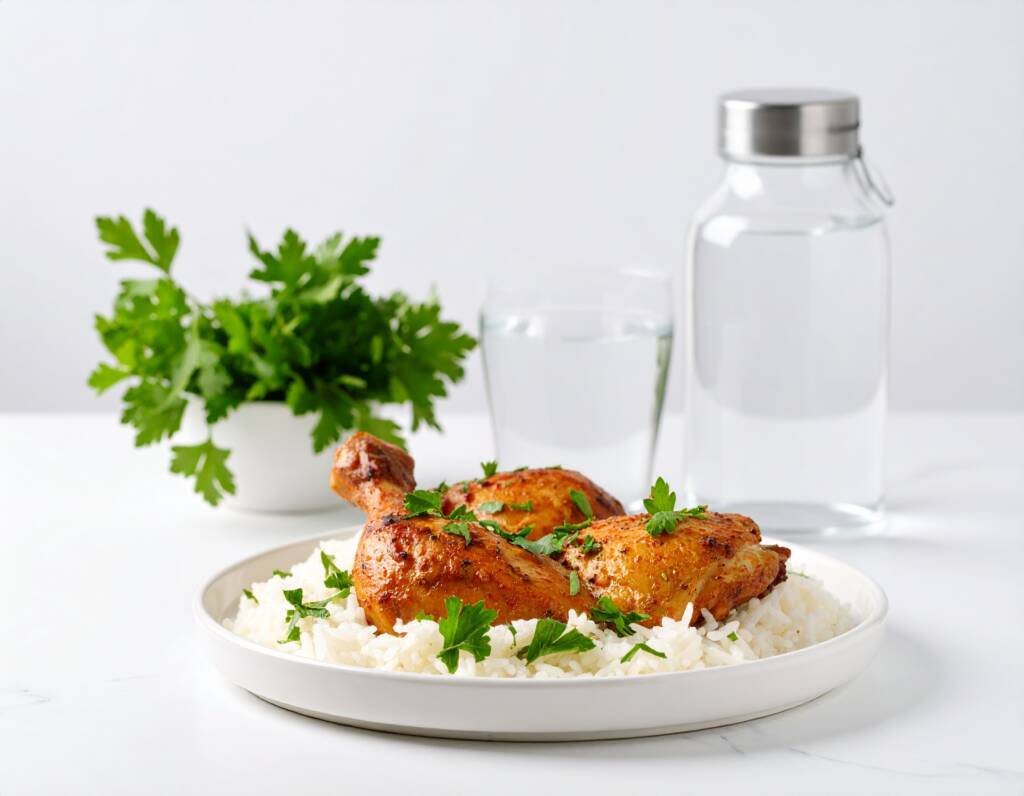 بخاري مع ربع دجاجة بالرز الابيض مع علبة مياة في صحن تقديم في خليفة بيضاء 532838